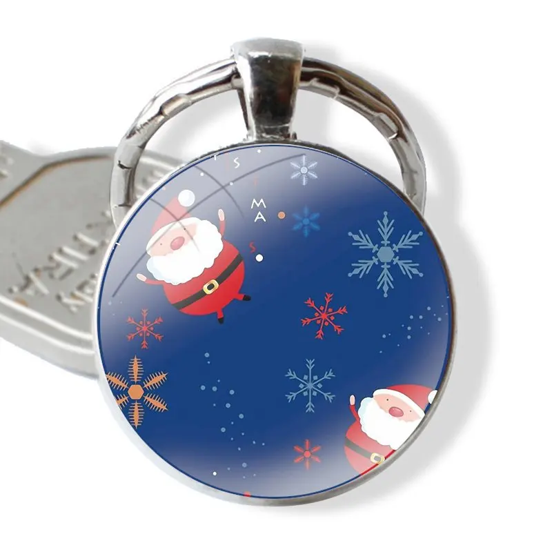 Stiklo Cabochon Keychain Pakabukas Automobilio Raktų Pakabukai Rankų Darbo Linksmų Kalėdų Mielas Kalėdų Senį Mados Animacinių Filmų Kūrybinis Dizainas