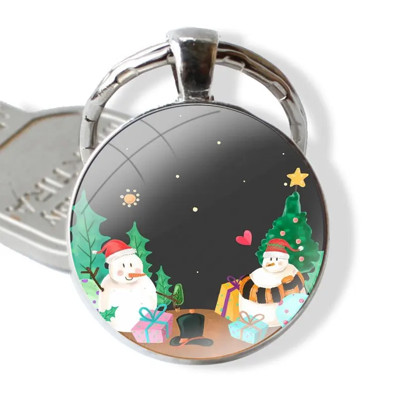 Stiklo Cabochon Keychain Pakabukas Automobilio Raktų Pakabukai Rankų Darbo Linksmų Kalėdų Mielas Kalėdų Senį Mados Animacinių Filmų Kūrybinis Dizainas