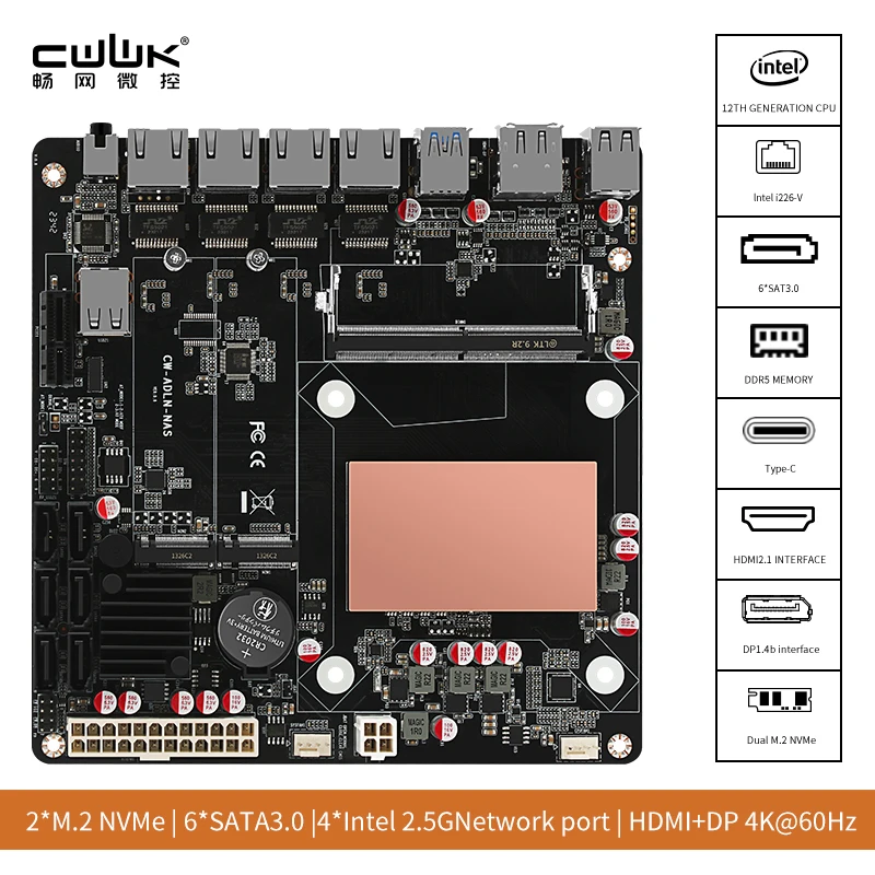 CWWK N100/i3-N305 šešių-bay NAS monstras valdybos narys/4x 2.5 G/6x SATA3.0/2x M. 2 NVMe/115X radiatorių ITX lenta tipo plokštė