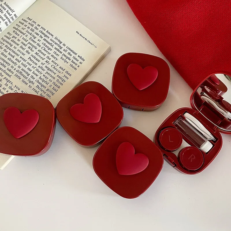 Moterų Spalvų Kontaktinių Lęšių Atveju Raudona Širdis Kontaktinių Lęšių Dėžutė už Akių Priežiūros Rinkinys Akiniai Atveju Turėtojas Konteinerių
