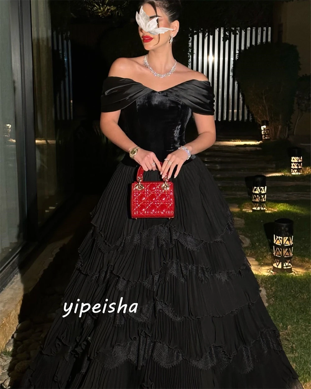 Yipeisha Išskirtinį Dydžių Off-the-pečių Kamuolys suknelė Puoštas Nėriniais, Grindų ilgis Veliūras Vakaro Suknelės