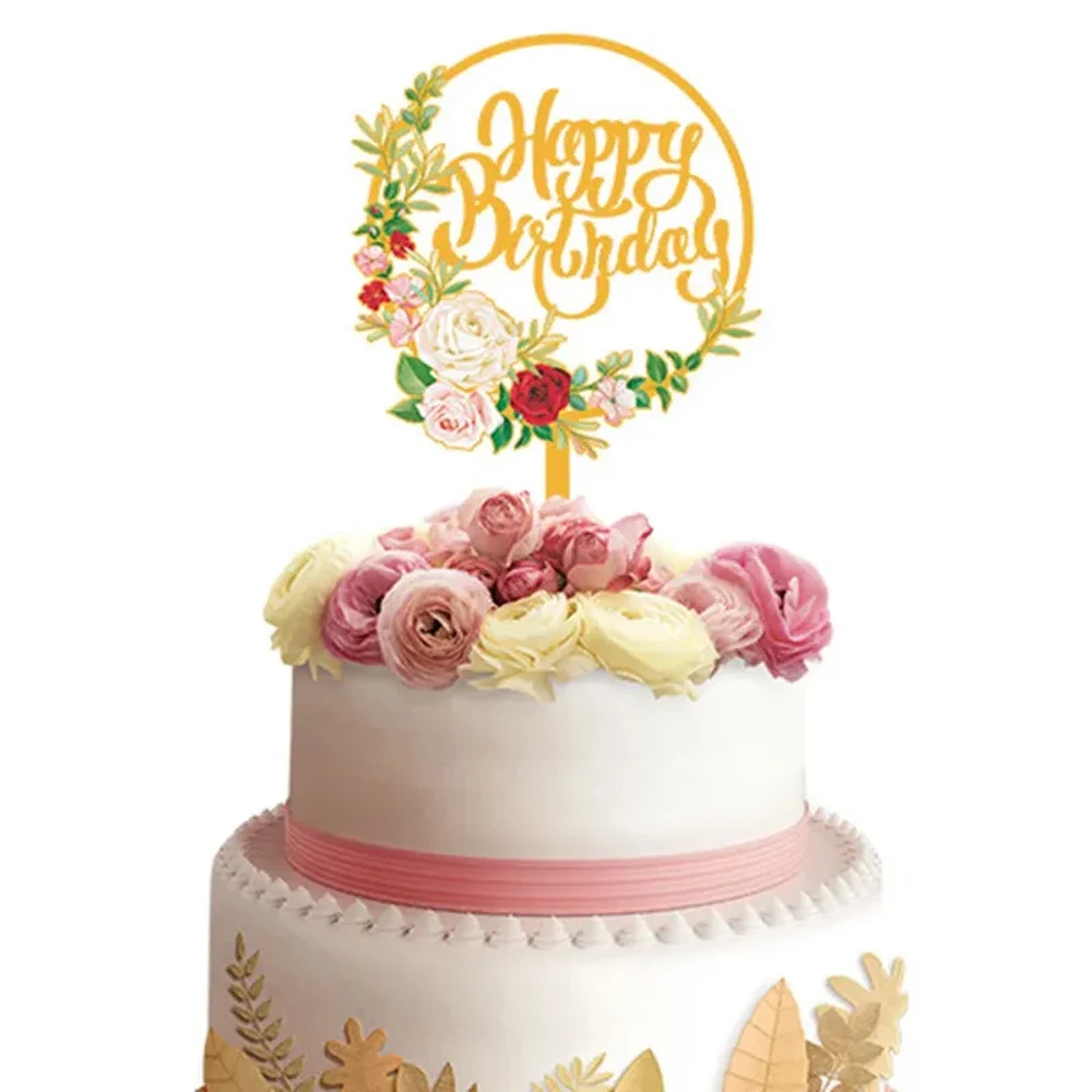 Drugelis Gėlių, Augalų Laimingas Gimtadienio Tortas Topper Aukso 3D Akrilo Vaikai Šalis Desertas Pyragas Topper už Baby Shower Pyragas Dovanų Puošimas