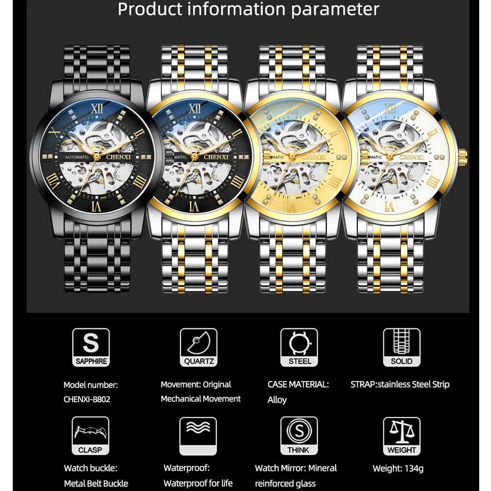 CHENXI Laikrodžiai, Prabangūs vyriški Automatinis savaiminis Vėjo Mechaninė Laikrodžius Vandeniui Vyrų Mados Prabangių Nerūdijančio Plieno Laikrodis