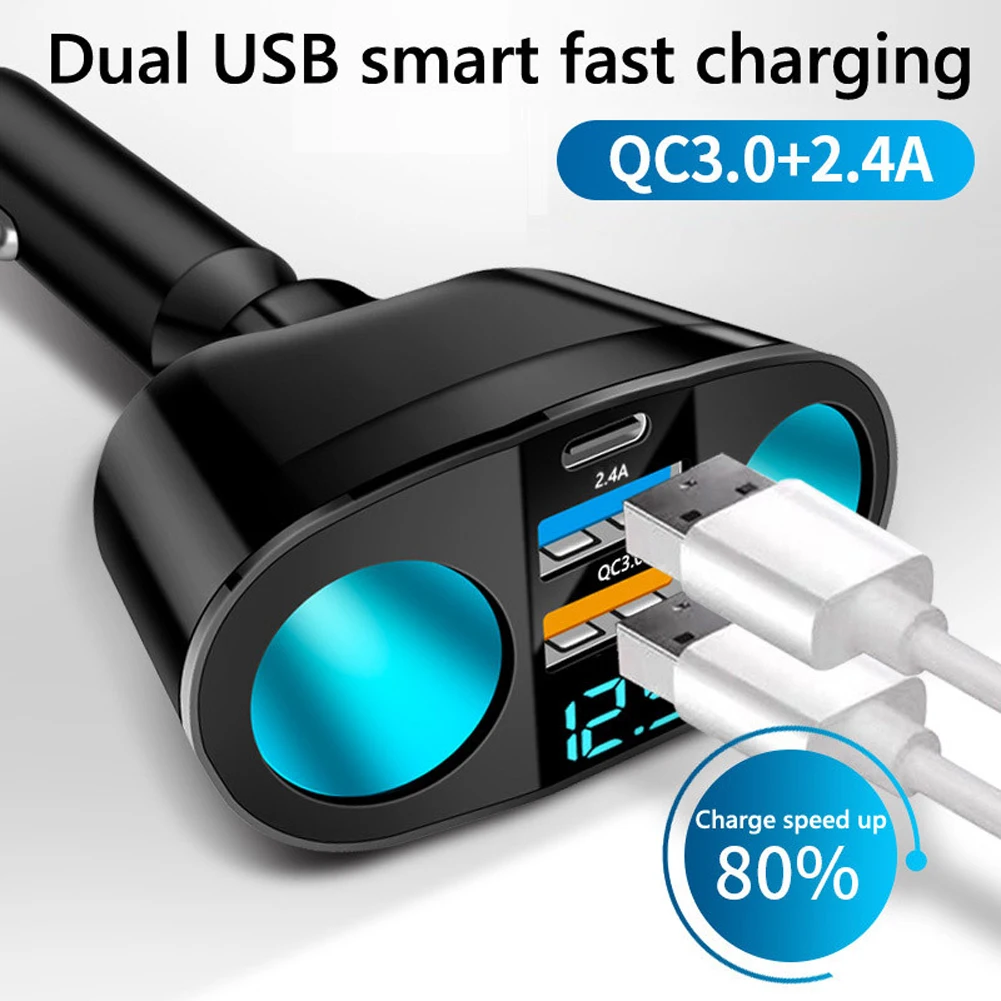 1set QC3.0 Automobilinis Įkroviklis 12V 24V Dual USB Power Adapter Car Cigarų Žiebtuvėlio Lizdo Tipas-C&QC3.0&2.4 Mėlyna LED Skaitmeninis Displėjus, 120W