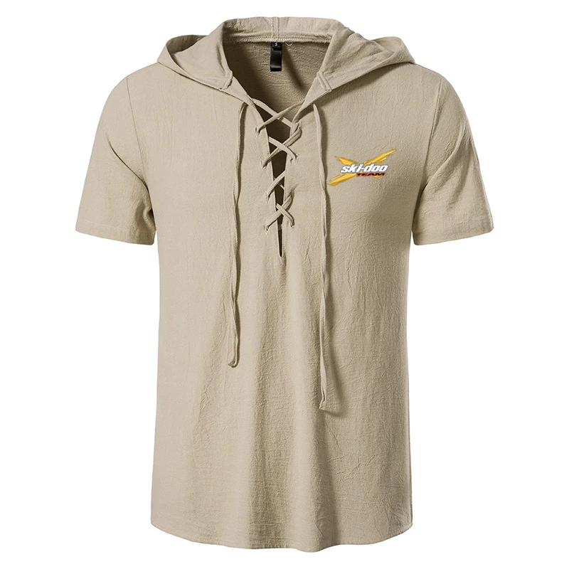 2023 vasaros mados Can-am Logotipu gobtuvu vientisos spalvos trumpomis rankovėmis vyriški baltiniai atsitiktinis V-kaklo raišteliu dizaino marškinėliai