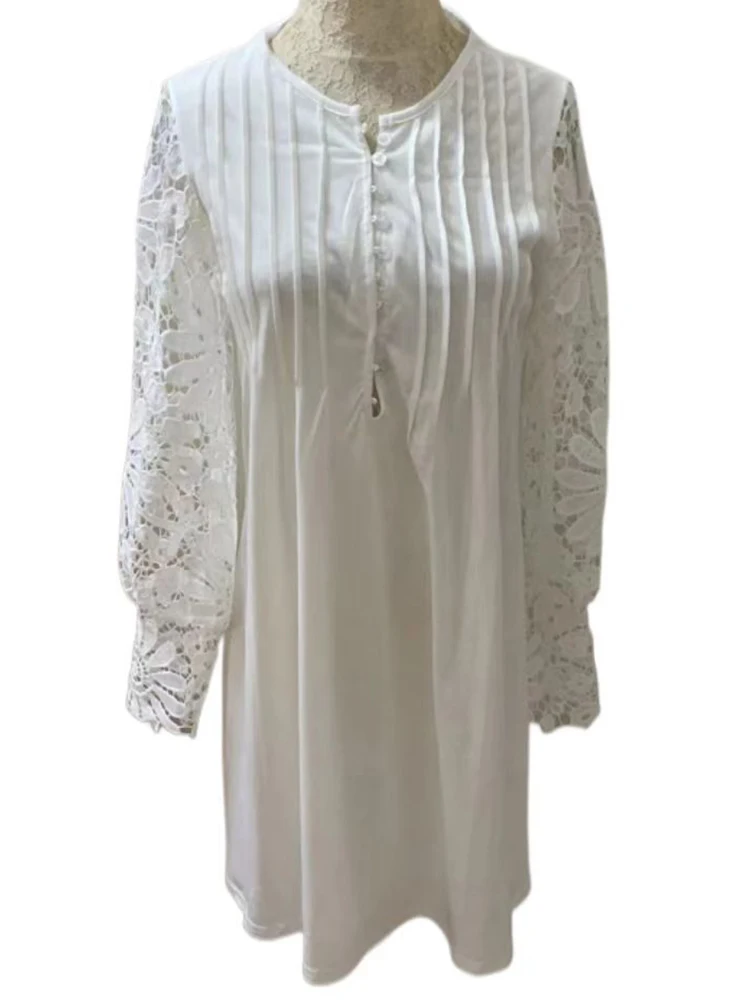 Vasarą Mini Suknelė Moterims, Baltos Spalvos Elegantiška Suknelė Moterų Nėriniai Tuščiaviduriai Iš Ilgomis Rankovėmis Suknelė Ponios Mados Atsitiktinis O Kaklo Mygtuką Suknelė