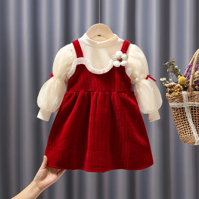 Naujas Mergaičių ilgomis Rankovėmis Suknelė Kūdikių Mergaičių Vakarų Stiliaus Mados Žibintų Rankovėmis Raudona su Aksomo Pamušalu Princesė Suknelė