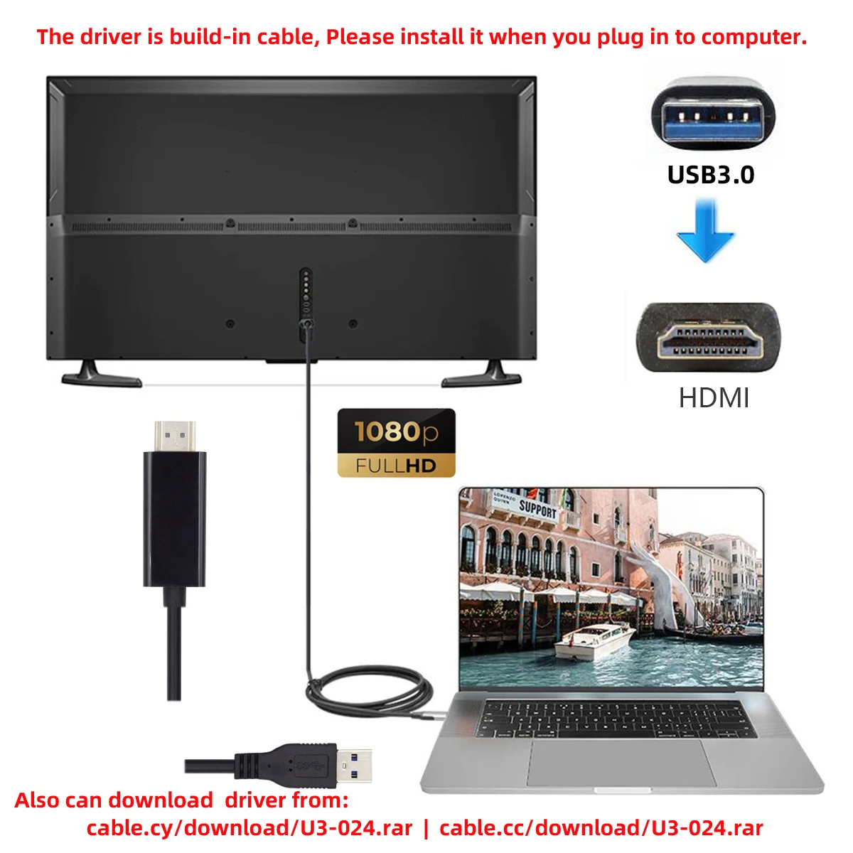 Cablecc Projektorius 1080P Vaizdo Monitorius, Konverteris, Laidas USB HDTV Adapterio Kabelis, skirtas Staliniams Nešiojamas KOMPIUTERIS, USB 3.0 HDTV Vyrų 6FT