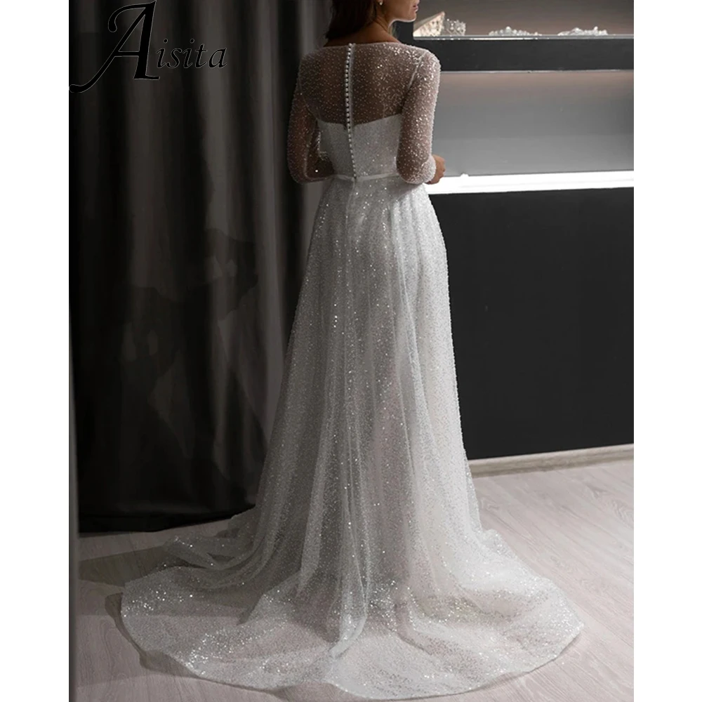 Sparkly Apvalios Kaklo Vestuvių Suknelė ilgomis Rankovėmis Nuotakos Suknelės-Line Baltos spalvos Blizgančiais Elegantiškas ir Gana Moterų Suknelės Vestido