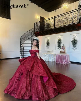 Sparkly Raudonas Vynas Princesė Quinceanera Suknelę Off Peties Nėrinių Gėlių Appliques Kristalai, Vestidos De 15 Años Korsetas Suknelė