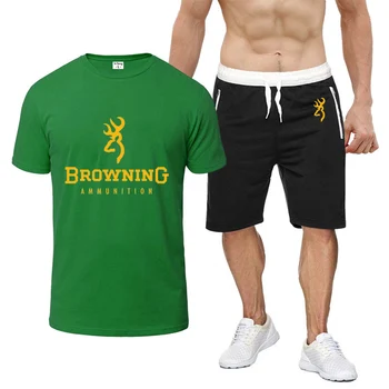 2023 Vasaros Mados BROWNING Logotipas Spausdinti Trumpas Rankovės Sporto Rinkinį Vyrams, Atsitiktinis Palaidų Medvilnės Marškinėliai Topai+Sweatpants vientisos Spalvos Kostiumas