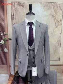Custom Naujausios konstrukcijos Oficialų pilkas pledas vestuvių kostiumai vyrams Mados jaunikis prom Švarkas vyrų slim fit tuxedos kostiumas homme 남자 양복