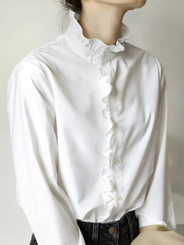 Baltos Spalvos Marškinėliai Moterims Rudenį Long Sleeve Top Moterų Elegantiškas Mados Pynimas Apykakle Palaidinė Chic 
