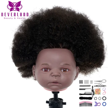 NEVERLAND Mokymo Vadovas Baby 10 Colių Manekenas Vadovai Su 100% Žmogaus Plaukų Afro Garbanotas Stilius, Profesionalus Kirpyklos Galvos Įrankiai