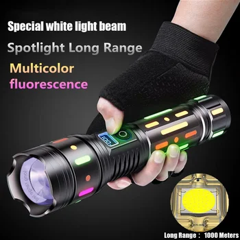 10000 mAh Didelės Galios Ilgo Nuotolio LED Žibintuvėlis Su Fluorescentinės Plėvelės Galingas Šviesus Taktinis Žibintuvėlis Ekranas Įkraunamas