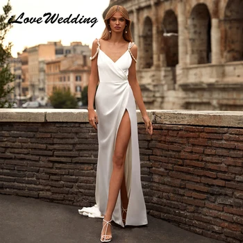 ILoveWedding Elegantiškas Ilgas Rankoves Satino Vestuvių Suknelės 2024 Šiuolaikinės Undinė V-Kaklo Vestuvių Nuotaka Chalatai O-Atgal Vestidos De Novia
