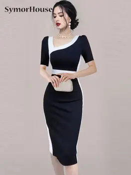 Vasaros Rudens Juoda Balta Kratinys Pieštuku Suknelės Moterims, Elegantiškas Korėjos Vestidos Office Paprasta Derliaus Apvalkalą Šalis Suknelė