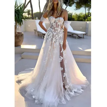 Nuo Peties Nėrinių Vestuvių Suknelė, Paplūdimio Moterų Iliuzija Atgal Appliques V-Kaklo-Line Bridal Gown Tiulio Vestidos