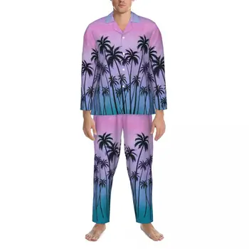 Violetinė Palmių Pižama Vyras Paplūdimys Saulėlydžio Kawaii Miego Naktiniai Drabužiai Rudenį 2 Gabalas Derliaus Negabaritinių Dizaino Namų Kostiumas