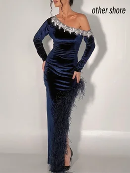 Kito Kranto Elegantiška Vintage Seksualus Mėlynos Plunksnos Aksomo Kristalų Duobute Pritaikyti Oficialus Prom Dress, Vakaro Suknelės, Šaliai