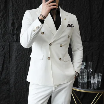 Vyriški High-end dvieiliai Kostiumas M-5XL (kostiumas + Kelnės) Mados Verslo Gražus korėjos Slim vientisos Spalvos Kostiumas, Dviejų dalių Komplektas