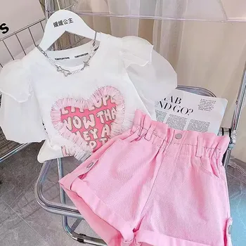 Mažmeninės prekybos 2023 Nauji Kūdikių Mergaičių Paauglių Korėja Vasaros Rožinė Rinkiniai, T-marškinėliai + Šortai Mados Kostiumai Mergina 4-9 T