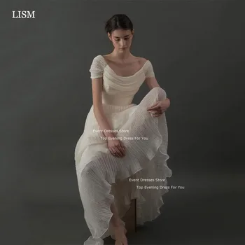 LISM Elegantiškas Dramblio kaulo Vestuvių Suknelės-Line Šifono Rankovės nuo Peties Vestuvinės Suknelės Photoshoot Ruched Prom Chalatai Korėja