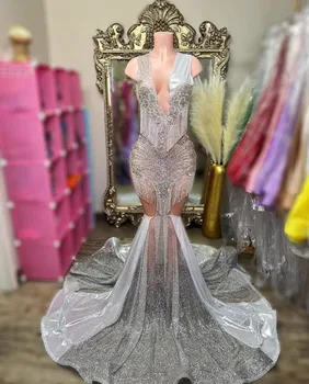 Sidabro Diamond Undinė Prom Dresses 2024 Blizgančių Kristalų Kutas Vien Akies Gimtadienio Vakare Gown vestidos de mujer gala