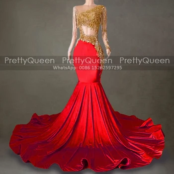 Stilingas Kutas Trimitas Prom Dresses Su Aukso Appliques Vien Kaklo Undinė Ilgai Traukinio Red Carpet Dress Šalis Suknelė