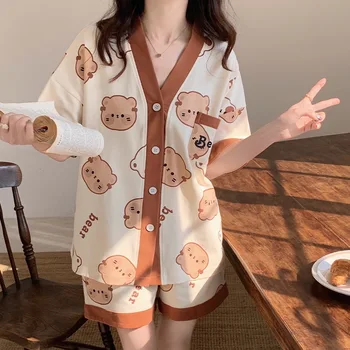 Korėjos Pižama Rinkinys Moterims Vasaros Loungewear Sleepwear Merginos Saldus Atvartas Pyjama Kawaii Lokys Spausdinti Pijamas Japonų Namuose Kostiumas