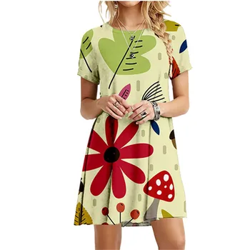 2023 Vasaros Augalų Gėlių Spausdinti Suknelė Moterų Negabaritinių Vintage suknelė Atsitiktinis Trumpas Rankovės-line Sundress Mados Laisvus Drabužius
