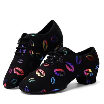Karšto pardavimo mergaičių šokių batai, sportbačiai merginoms lotynų šokių bateliai moterims, juodos spalvos sportinių šokių bateliai moterims lūpų spausdinti 26-40