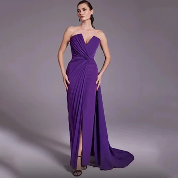 Elegantiškas Tamsiai Violetinę Satino Undinė Prom Dresses Off Peties V-Nevk Satino Klostes Vakare Chalatai Ritininės Saudo Arabija Šalies Chalatai