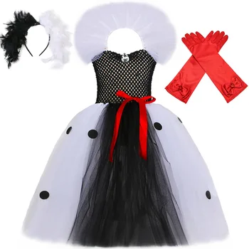 Cruella Ragana Ilgos Suknelės Mergaitėms Karnavalas Halloween Kostiumai Vaikams Dalmatians Šuo Tutu Apranga Vaikams Išgalvotas Suknelė Suknelė