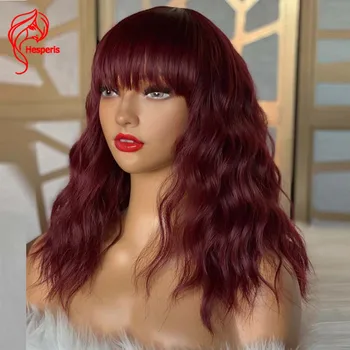 Hesperis Bordo Kūno Banga Žmogaus Plaukų Perukai Brazilijos Remy Plaukų 99J Raudona Colore Pilna Mašina Padarė Perukas Su Kirpčiukais Moterims