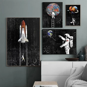 Astronautas Kosmose Erdvėlaivis Drobės Tapybos Augalų, Grafiti, Plakatų ir grafikos Šiuolaikinio Abstraktaus Gatvės Sienos Meno Nuotraukas Apdaila