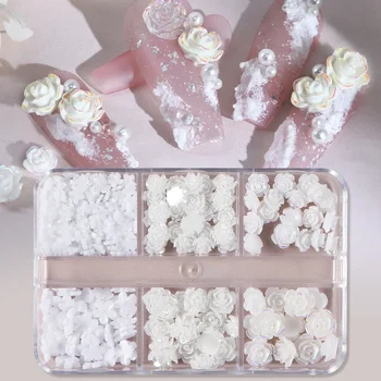 6 Tinklus Kawaii Balta Rožė Gėlių Nail Art Pakabukai 3D Mini Gėlės Nagų Dekoravimo Reikmenys 