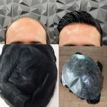 Patvarus Plona Oda Visą Pu Bazės Vyrų Plaukų Toupee Natūralus Juodas 30mm Banga Kapiliarų Protezavimas Syntem Vyrams