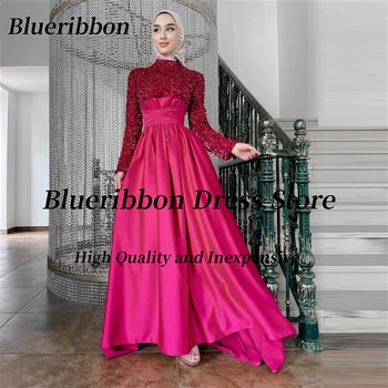 Blueribbon Fushcia Satino Linija, Vakaro Suknelės Arabijoje Moterims Dėvėti Aukštos Apykaklės Blizgančiais ilgomis Rankovėmis Prom Šalis Suknelė su Kaspinu
