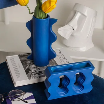 Klein Mėlyna Geometrinis Keramikos Vaza Namų Dekoro Gyvenamojo Kambario, Valgomojo Stalo Gėlių Kompozicijų Viešbutis Meno Apdailos Vaza Ornamentu