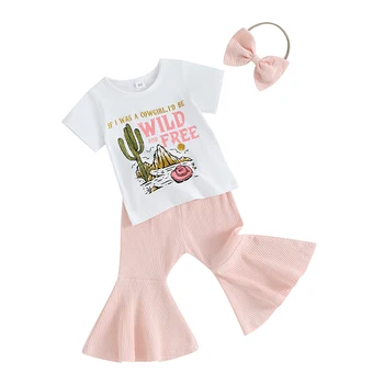 Bamblys Baby Girl Drabužiai Vakarų Trumpomis Rankovėmis T-Shirt Viršūnes Briaunoti Užsiliepsnojo Kelnės Bell Bottom Set Vasaros Apranga