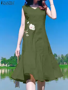 ZANZEA Vasaros Gėlių Siuvinėjimas Bakas Suknelė Moteriai, be Rankovių su V-Kaklo Sundress Atsitiktinis Medvilnės Suknelės Elegantiškas Ruffles Hem Vestidos