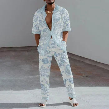 2023 Mados 3D Spausdinimo Dviejų dalių Rinkinys Vyrams Vasaros trumpomis Rankovėmis Atvartas Top Marškinėliai ir Kelnės Atsitiktinis Kostiumas Streetwear Vyrų Apranga