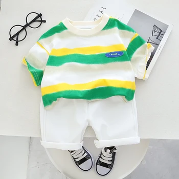 Kūdikių Berniukų ir mergaičių drabužių Vaivorykštė juostele patternT-marškinėliai tinka vaikų drabužiams dviejų dalių rinkiniai aukštos kokybės vasarinės