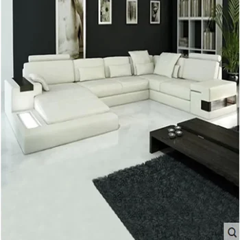 Dideles sofos u formos kampe sofa rinkinys su led šviesos, gyvenimo kambario baldai,natūralios odos sofa