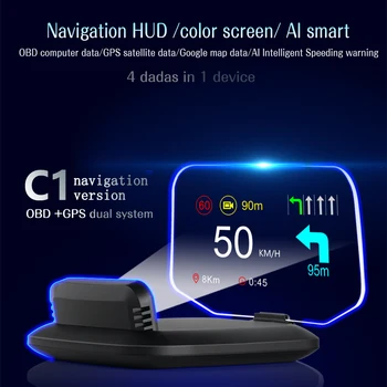 C1 Navigacijos Versija HUD Head Up Display Navigacijos Automobilių HUD OBD2 GPS Spidometro greičio viršijimo Įspėjimo RPM Signalo HUD Veidrodis