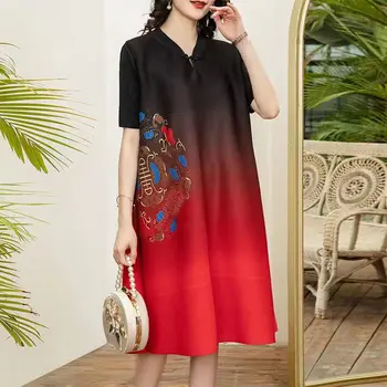 Madingas naujas gaminys retro trumpas rankovėmis gradientas plisuotos suknelė, stilingas ir laisvi-line sijonas