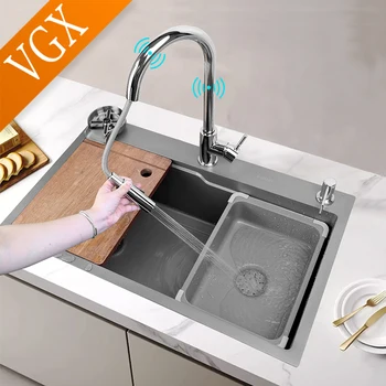 VGX Virtuvės Kriauklė Nano Didelis Vienas Lizdas praustuvas Smart Kriaukle Touch Kontrolės Jutiklis Virtuvės Gurmanų Maišytuvai Taurės Nutekėjimo Padėklas