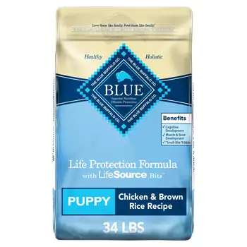 Blue Buffalo Gyvybės Apsaugos Formulė Vištiena ir Rudieji Ryžiai Sausas Šunų Maistas Šuniukams, nesmulkintų Grūdų, 34 lb. Krepšys