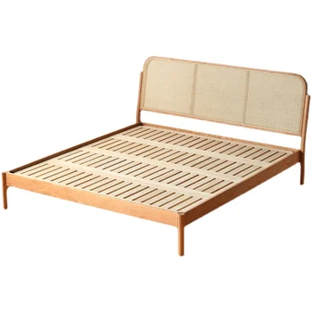 Home B&B rotango lova Vyšnių medienos Japonijos paprasta rotango dvigulė lova Šiaurės retro kieta lova